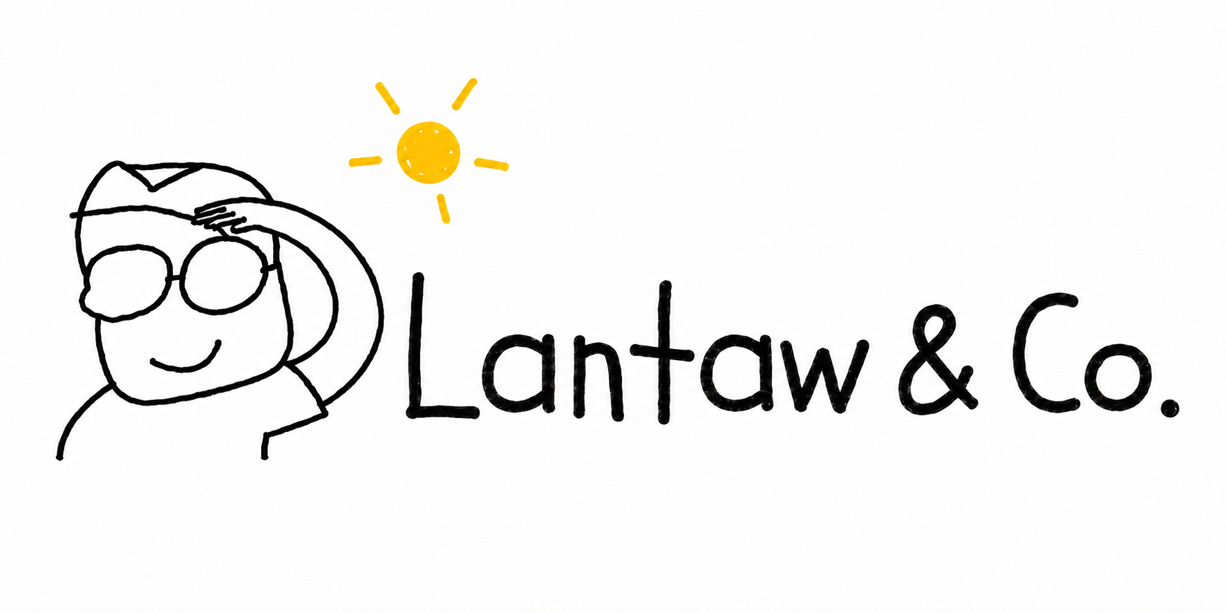 Lantaw and Co. pencil-drawn mascot looking into the distance beside the wordmark and a yellow sun